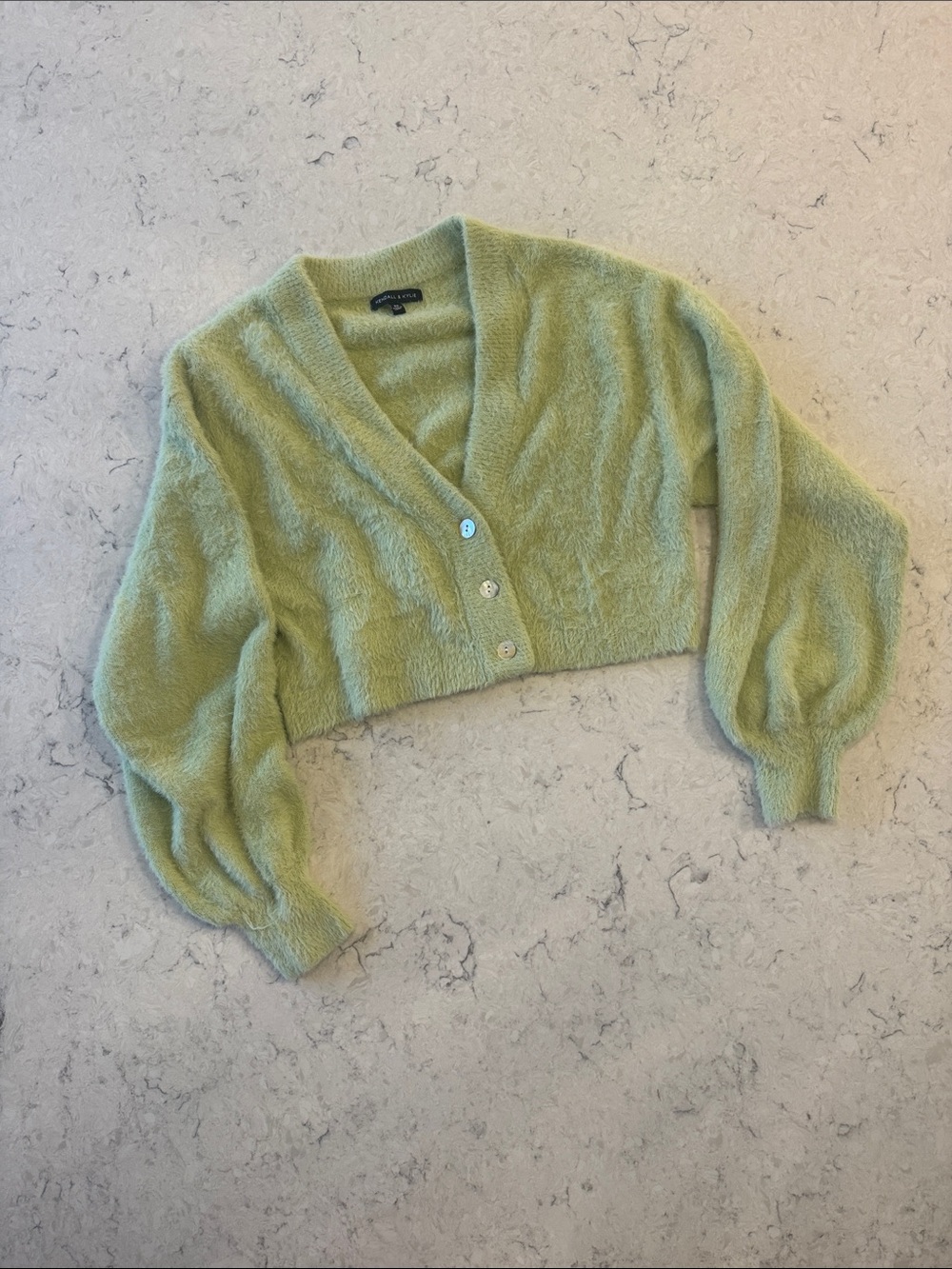 Kendall & Kylie Cropped V-Neck Fuzzy Cardigan Sweater - Light Green/ Citron M